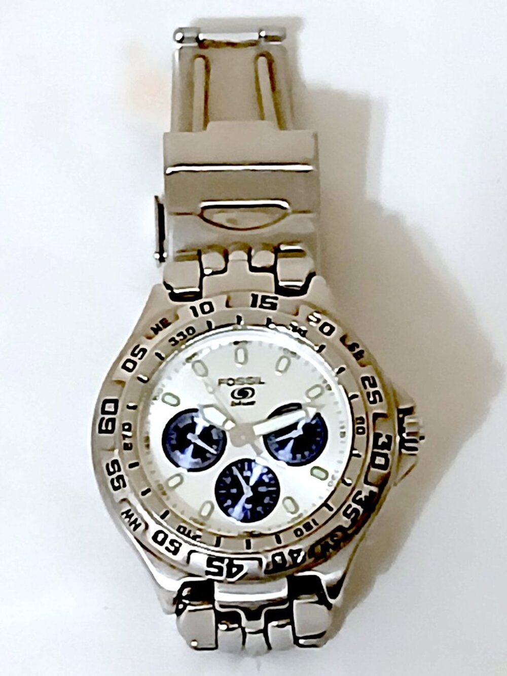 Fossil Blue Stainless Steel Chronograph Watch Silver White Dial Blue Subdials